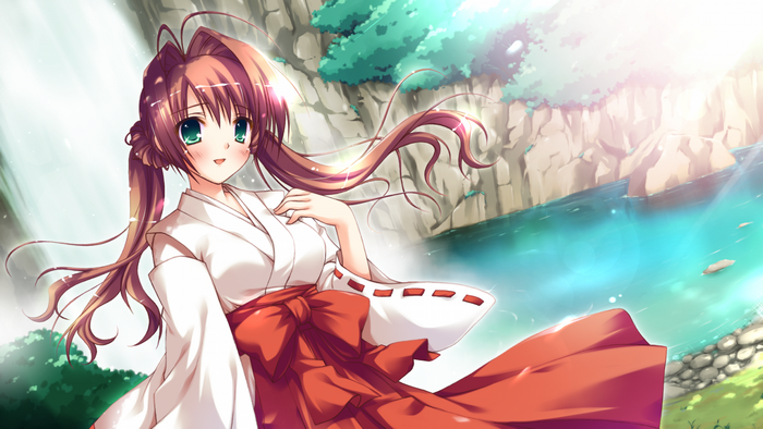 Anime girl in Japanese clothes by a waterfall