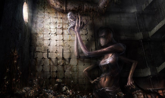 Creature holding a small alien in a dark, grimy room