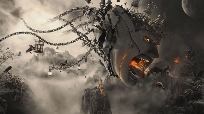 Surreal 3D landscape with a monstrous head and chains