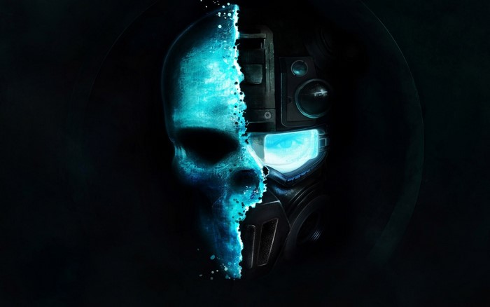 Half skull, half robotic mask with blue glowing eye