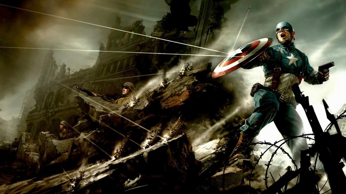 Captain America in a war-torn city
