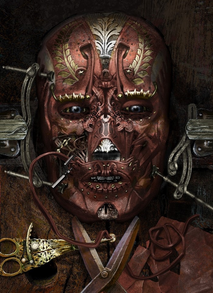Steampunk mechanical face with ornate details and tools