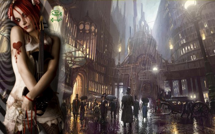 Emilie Autumn with violin in a steampunk city
