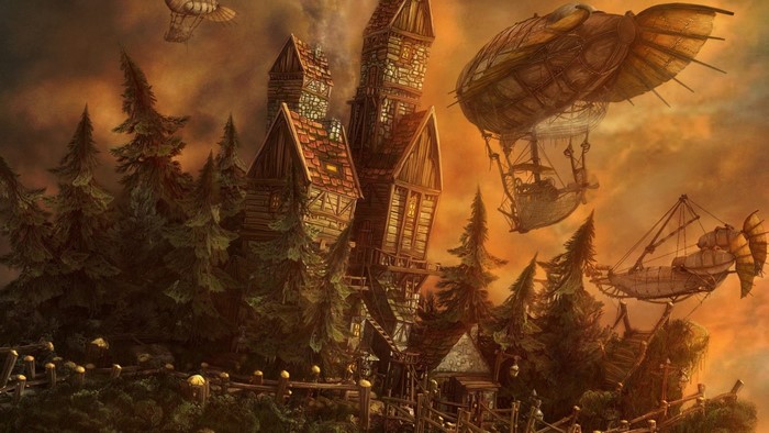 Steampunk village with airships in a forest