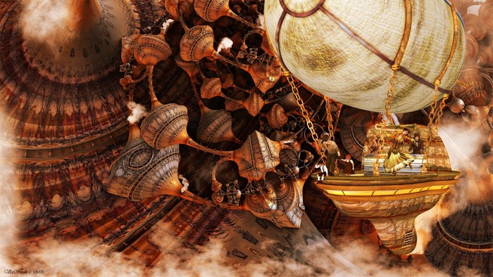 Steampunk airship with people in a fantastical landscape