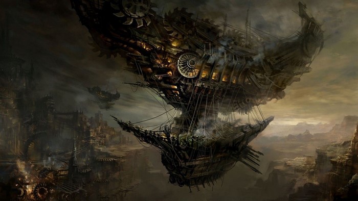 Steampunk airship over a desolate, rocky landscape