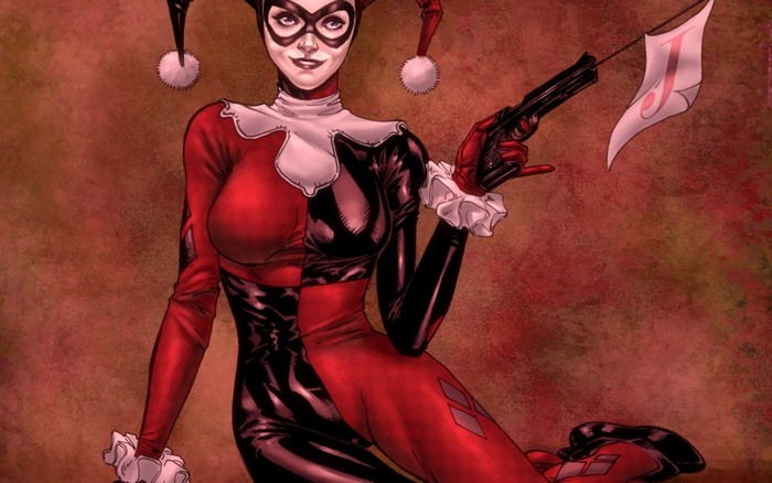 Harley Quinn from DC Comics holding a gun with a flag