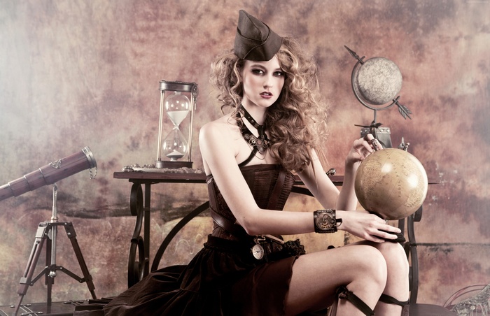 Steampunk model with globe and telescope