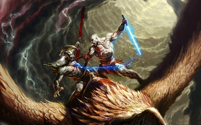 Two warriors with lightsabers fighting on a giant creature