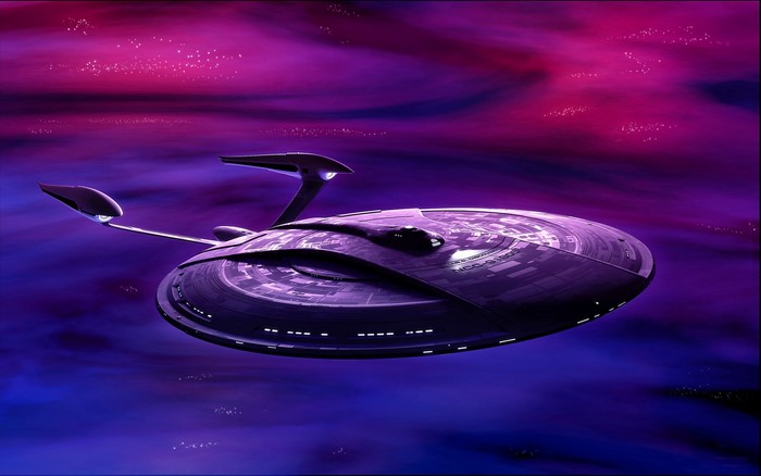 Star Trek spaceship in a purple nebula