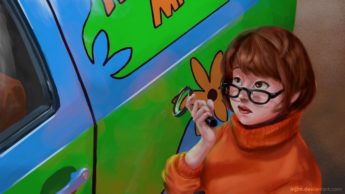 Velma Dinkley from Scooby Doo holding a magnifying glass