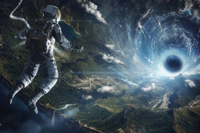 Astronaut Approaching a Black Hole Over Earth
