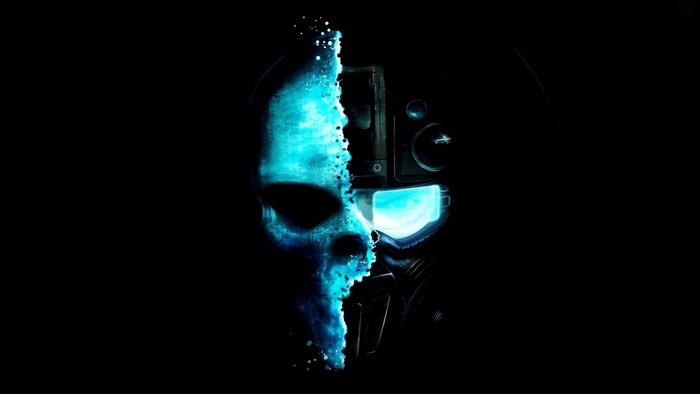 Half skull, half computer interface on black background