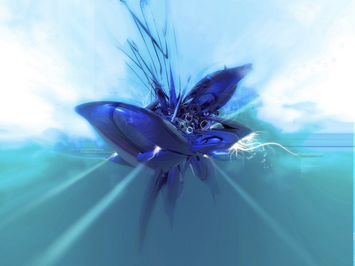 Abstract blue biological form with light rays