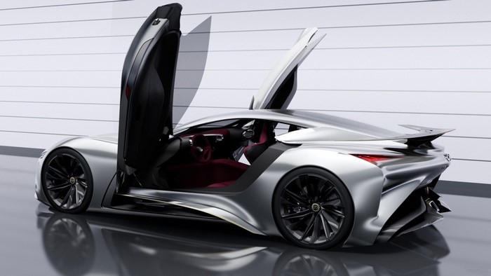 Silver Infiniti Vision GT concept car with doors open
