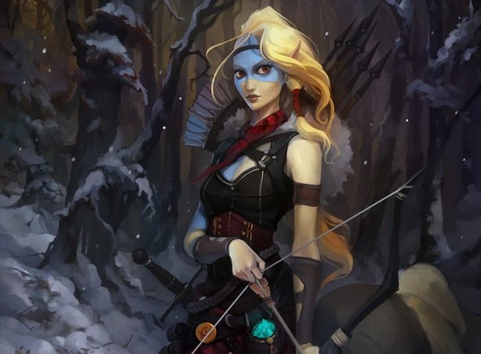A female archer from The Banner Saga in a snowy forest