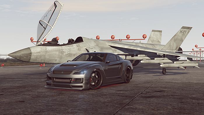 Elegy RH8 car and jet fighter on tarmac