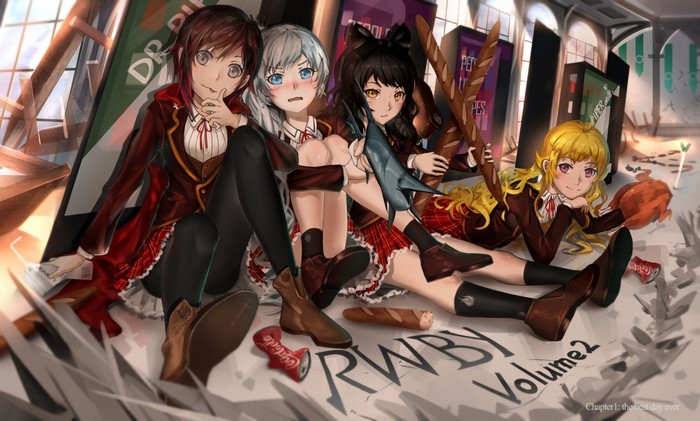 RWBY characters Ruby Rose, Weiss Schnee, Blake Belladonna, and Yang Xiao Long