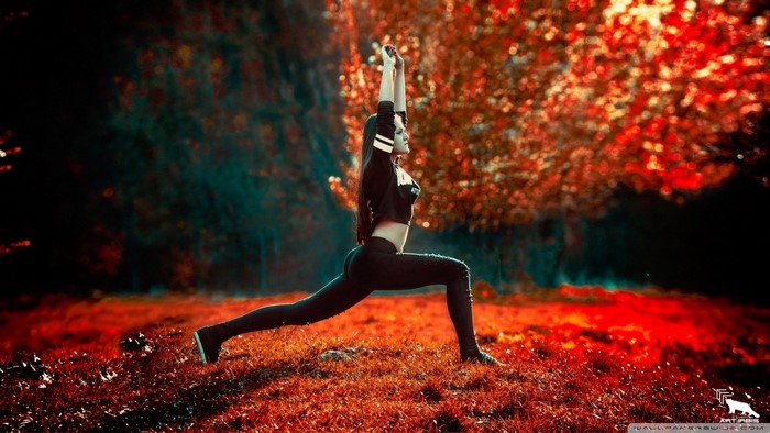 Woman doing yoga in autumn forest
