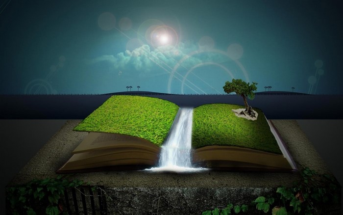 Open book with waterfall and tree on grass