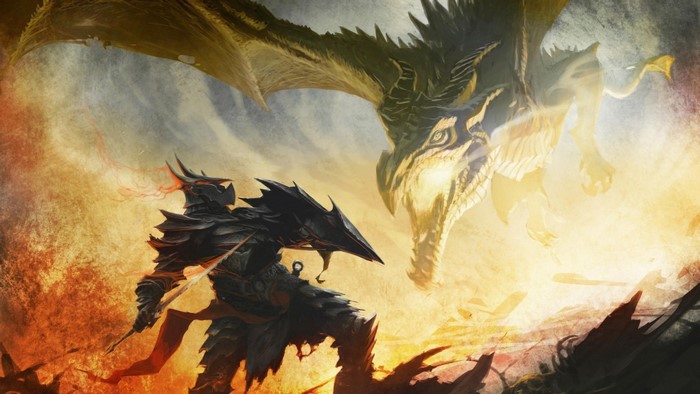 Dragonborn fighting Alduin from The Elder Scrolls V Skyrim