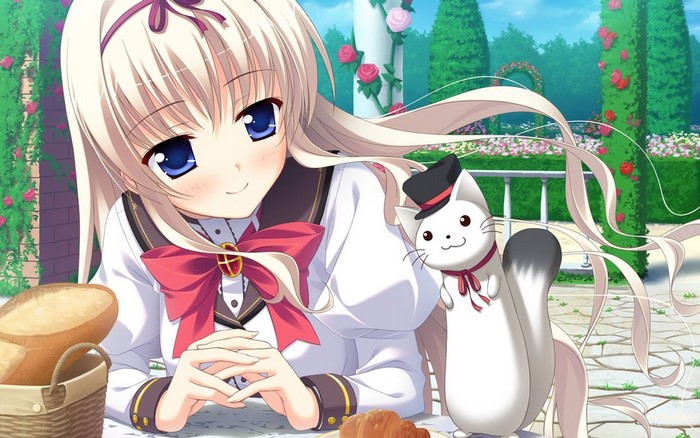 Anime girl with a cat in a garden