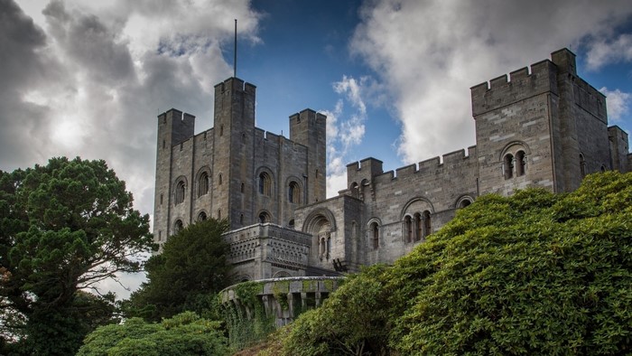 Castle with towers and trees under cloudy sky
