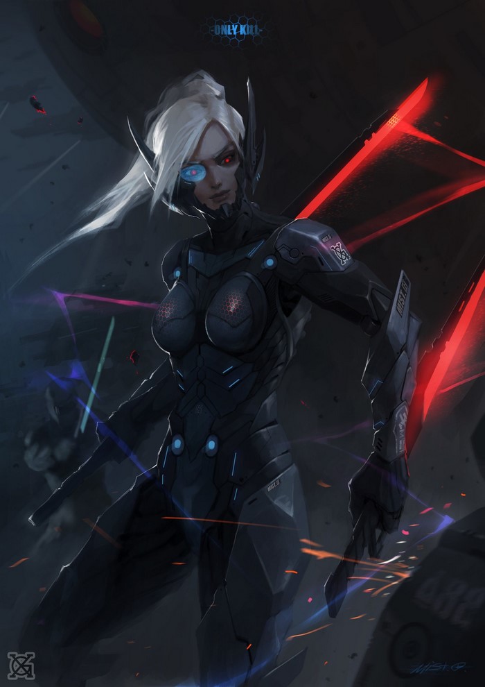 Cyberpunk warrior with glowing swords