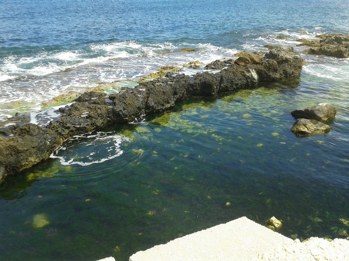 Rocky coastline with clear water and waves