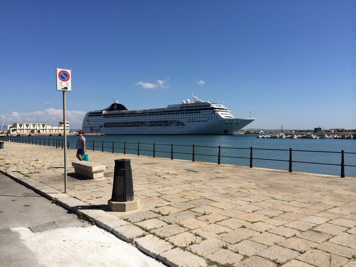 Cruise ship docked at a pier in Trapani, Sicily