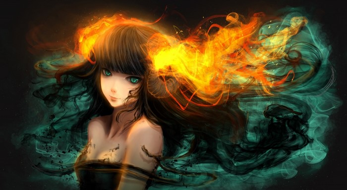 Anime girl with fire and smoke effects