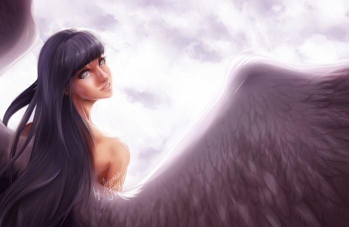 Anime angel with large wings in the sky