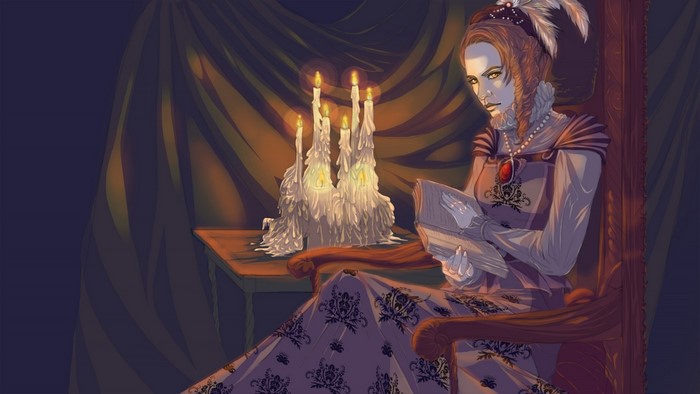 Woman in ornate dress reading by candlelight