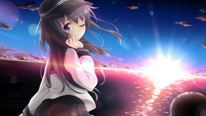 Anime girl in sailor uniform at sunset