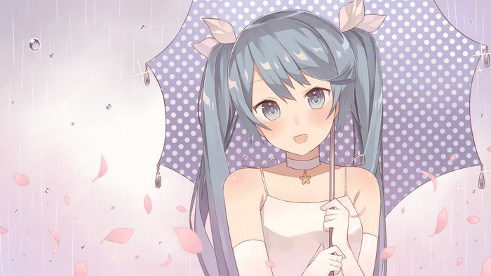 Anime girl with blue hair holding an umbrella