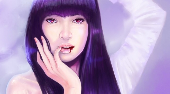 Woman with purple hair and bloody mouth