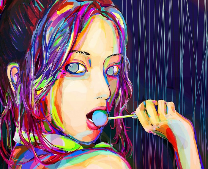 Woman with colorful hair eating a lollipop
