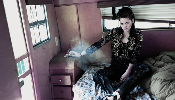 Kristen Stewart in a trailer smoking