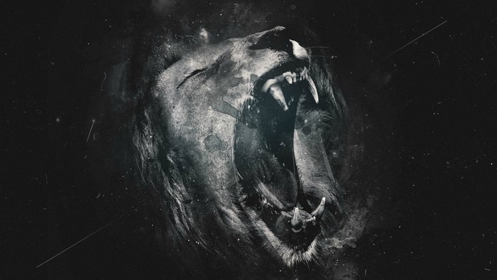 Monochrome roaring lion in outer space