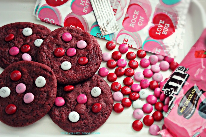 Red velvet cookies with M&Ms and Valentine's candy wrappers