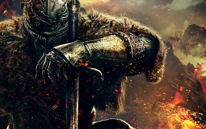 Warrior with sword in front of fiery mountains