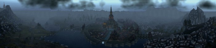 Gilneas Cityscape in World of Warcraft with Fog