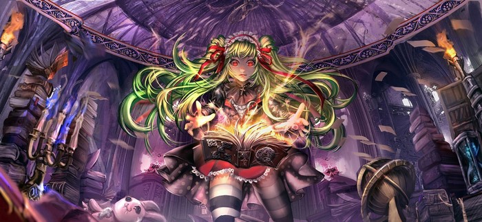 Anime girl with green hair casting magic from a book
