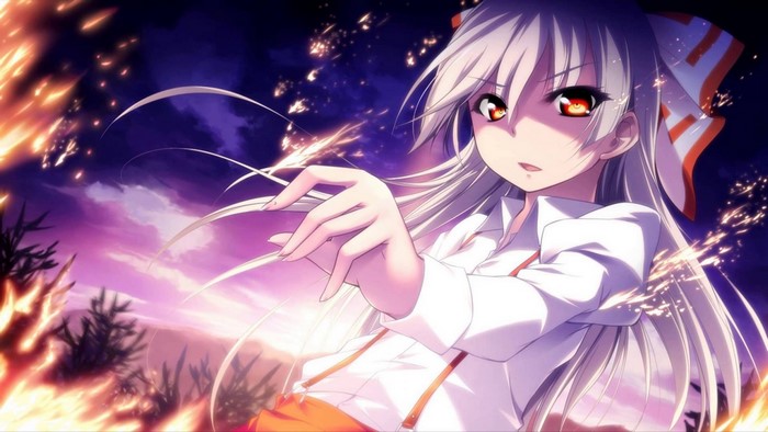 Anime girl with white hair and red bow