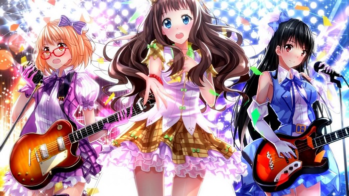 Anime girls playing guitars and singing on stage