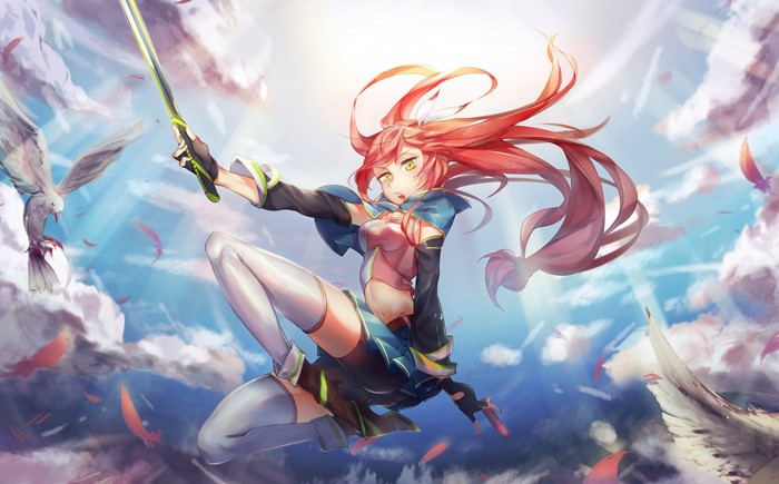 Anime girl with sword and birds in the sky