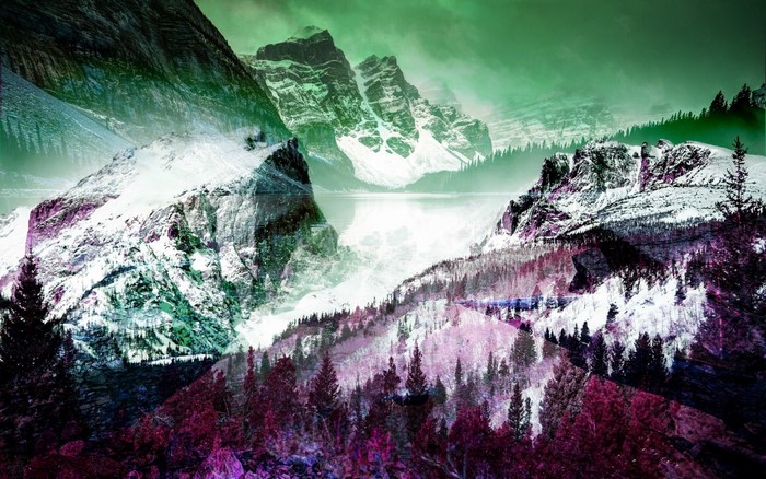 Glitch art mountain landscape with forest and lake