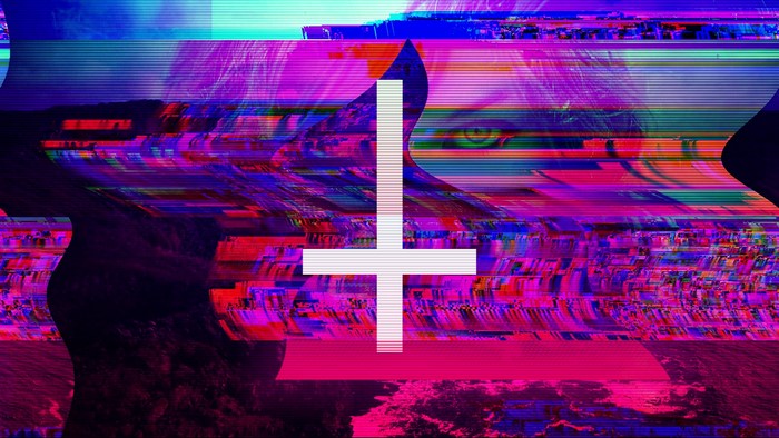 Glitch art with inverted cross and eye