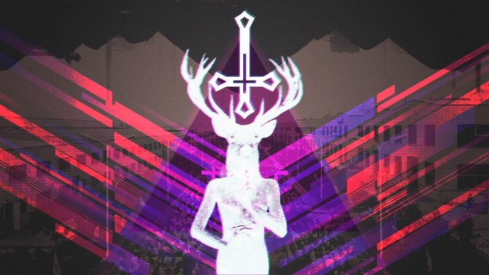 Deer-headed figure with inverted cross on stage