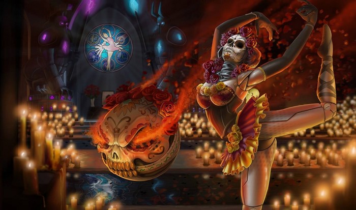 Orianna from League of Legends dancing with a skull